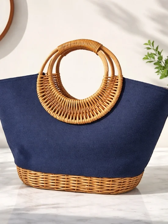 Straw Studios Navy Canvas Tote with Woven Handles and Multicolor Bead Trim - Picture 2 of 11
